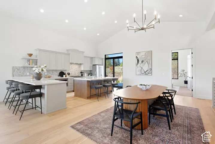 Vaulted ceiling with recessed lighting, light wood-finish flooring, two kitchen islands with solid surface countertops, light gray cabinetry, and a full tile backsplash