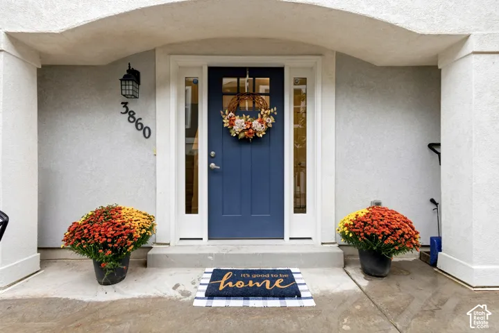 Arched portico entrance with stucco exterior and detailed address numbers