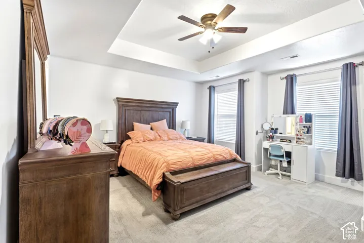 Tray ceiling with a ceiling fan, dual windows with blinds, and light-toned carpeting