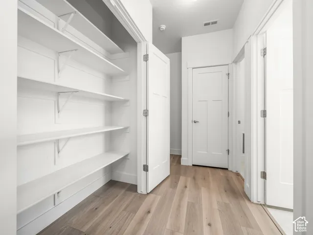Pantry featuring built-in shelving, wood-finish flooring, and white paneled doors