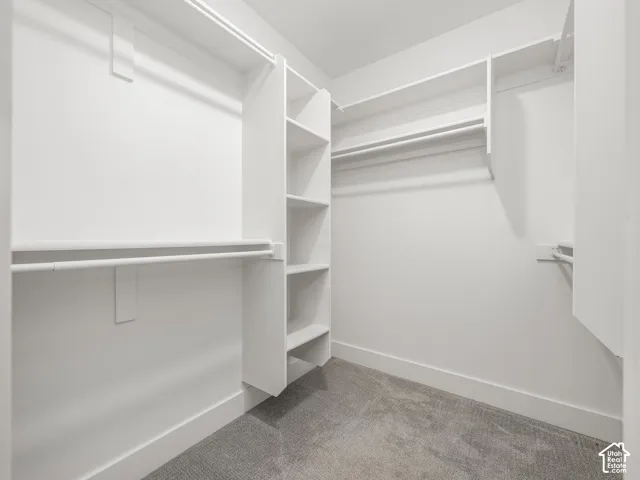 Walk-in closet featuring built-in shelving, multiple hanging rods, and gray carpet flooring