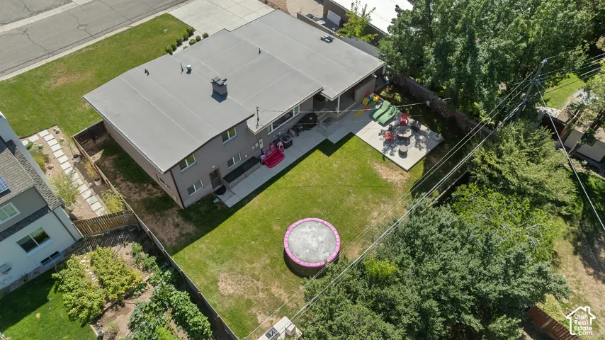 Expansive rear yard featuring a concrete patio, a second concrete pad, and mature trees