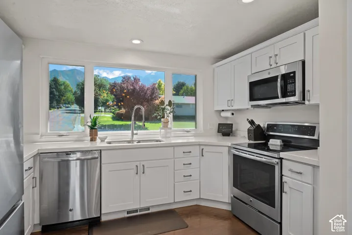 Modern kitchen with white cabinetry and stainless steel appliances