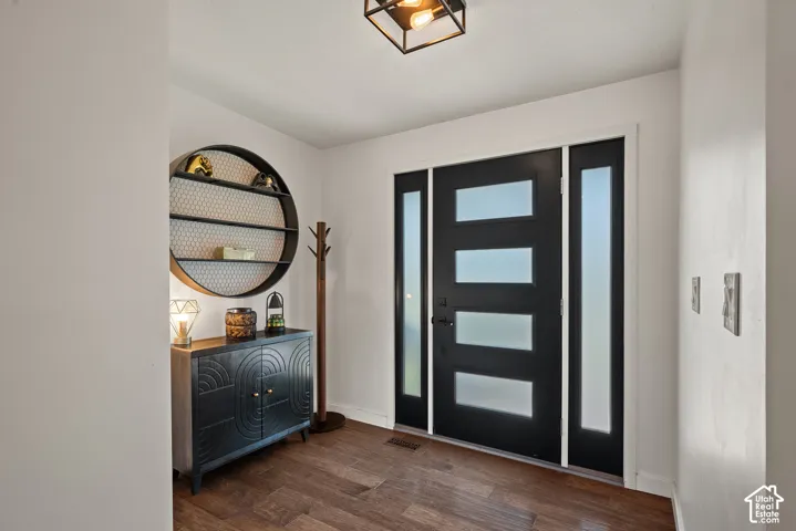 Entryway with wood-finish flooring, a contemporary black door with multiple frosted glass panels, and a matching full-length sidelight