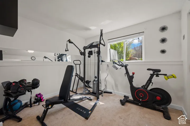 Dedicated exercise room featuring a large window, carpet flooring, and a built-in wall mirror