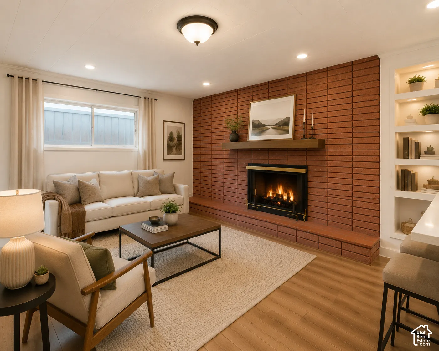 Brick accent wall with a fireplace, wood-finish flooring, recessed lighting, built-in shelving with integrated lighting, and a flush mount ceiling light