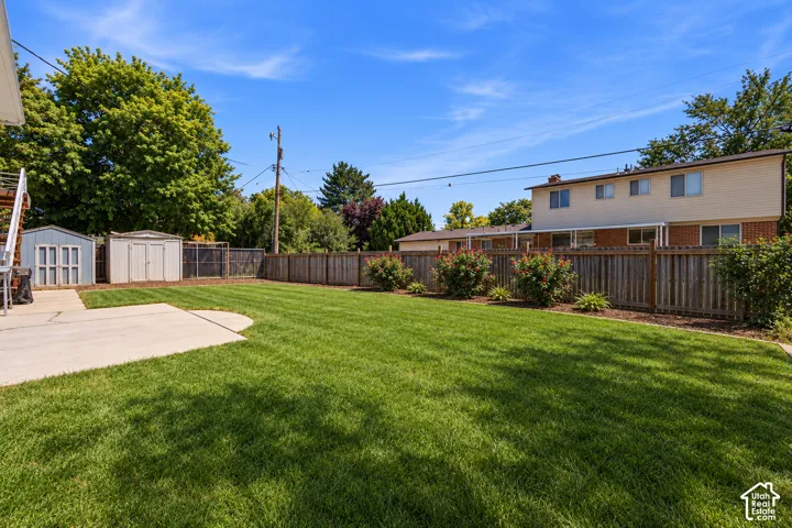 Expansive lawn area with a concrete patio, wood privacy fencing, and two storage sheds