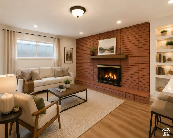 Brick accent wall with a fireplace, wood-finish flooring, recessed lighting, built-in shelving with integrated lighting, and a flush mount ceiling light