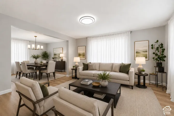 Open-concept living space featuring wood-finish flooring, recessed lighting, and ample natural light