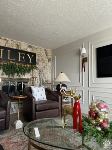 Stone fireplace with a dark metal firebox