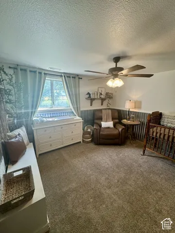 Textured carpeting throughout, window with custom drapes, ceiling fan with integrated lighting, and corrugated metal wainscoting