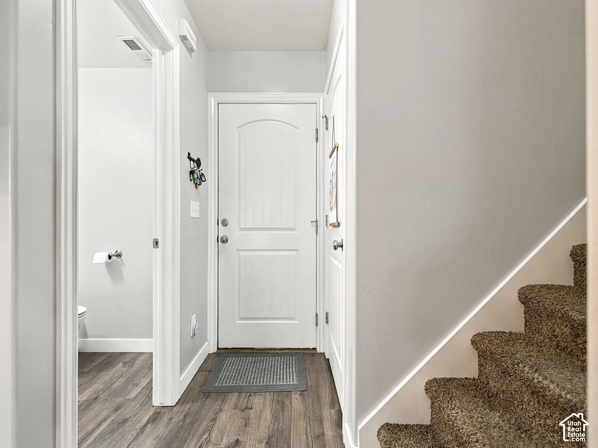 Wood-finish flooring, white paneled doors, and carpeted stairs