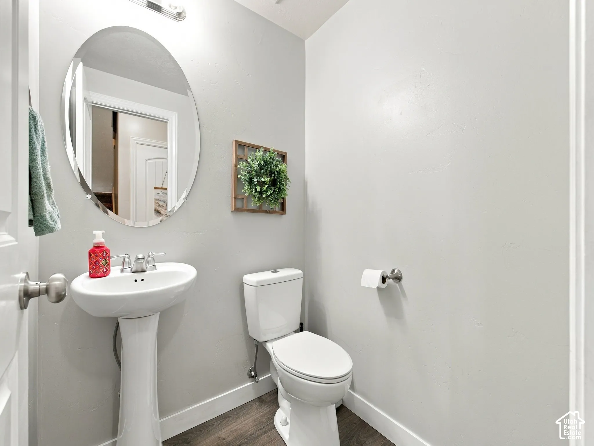 Pedestal sink with a polished chrome faucet, oval mirror, wall-mounted light fixture, and wood-finish flooring
