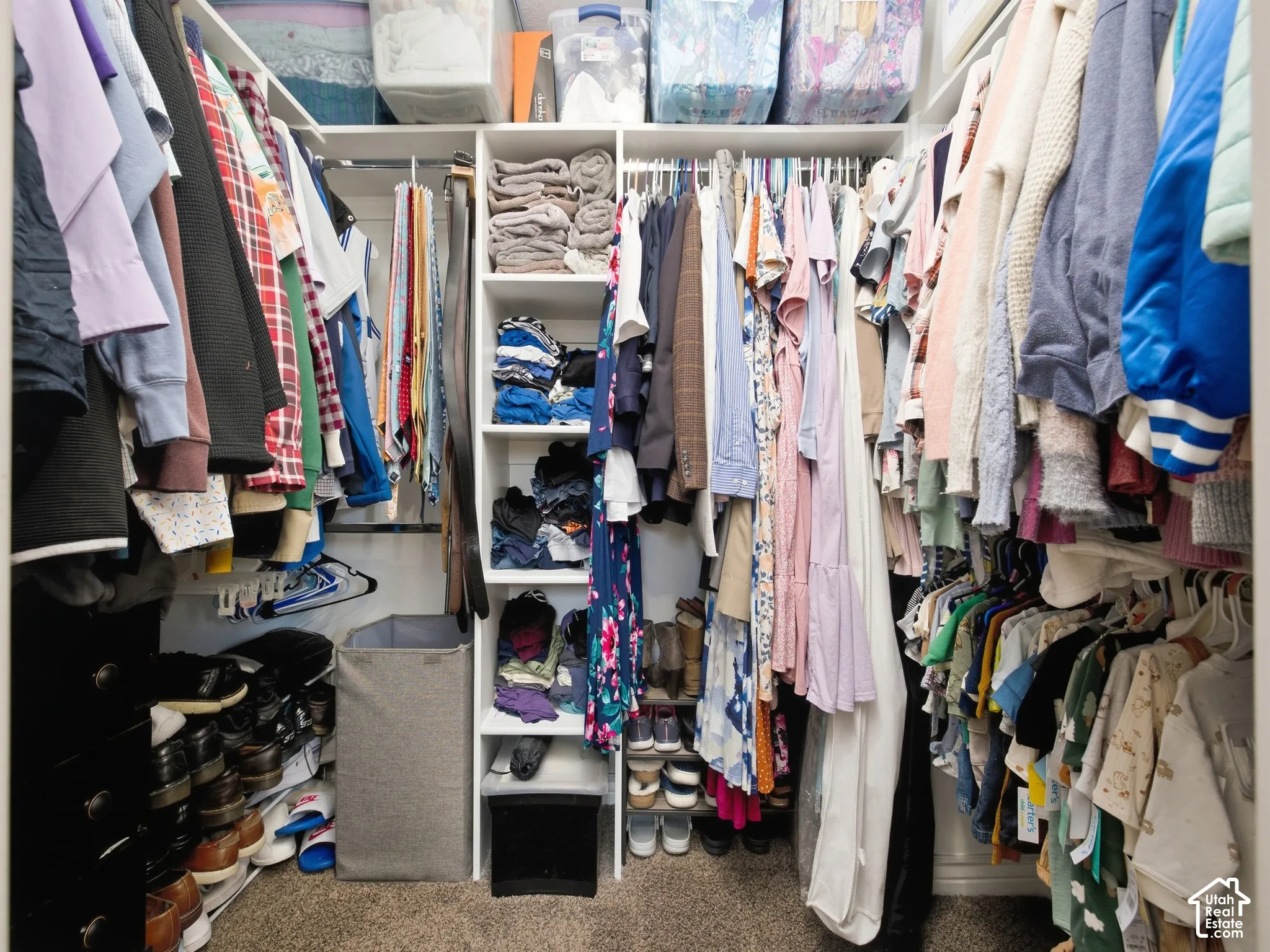 Custom closet system featuring multiple hanging rods, built-in shelving, integrated drawers, and carpeted flooring