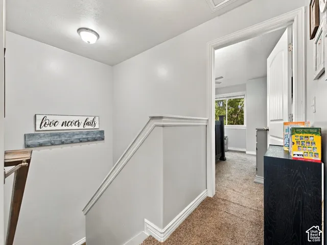 Upper-level hallway with neutral wall paint, carpet flooring, and white trim
