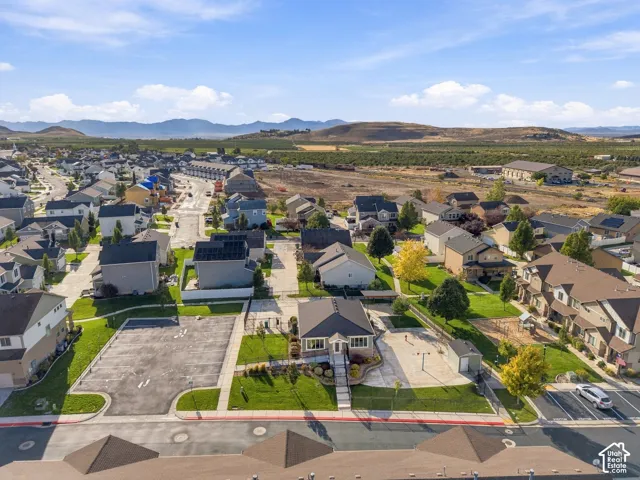 Residential community with mountain backdrop, established landscaping, and varied rooflines