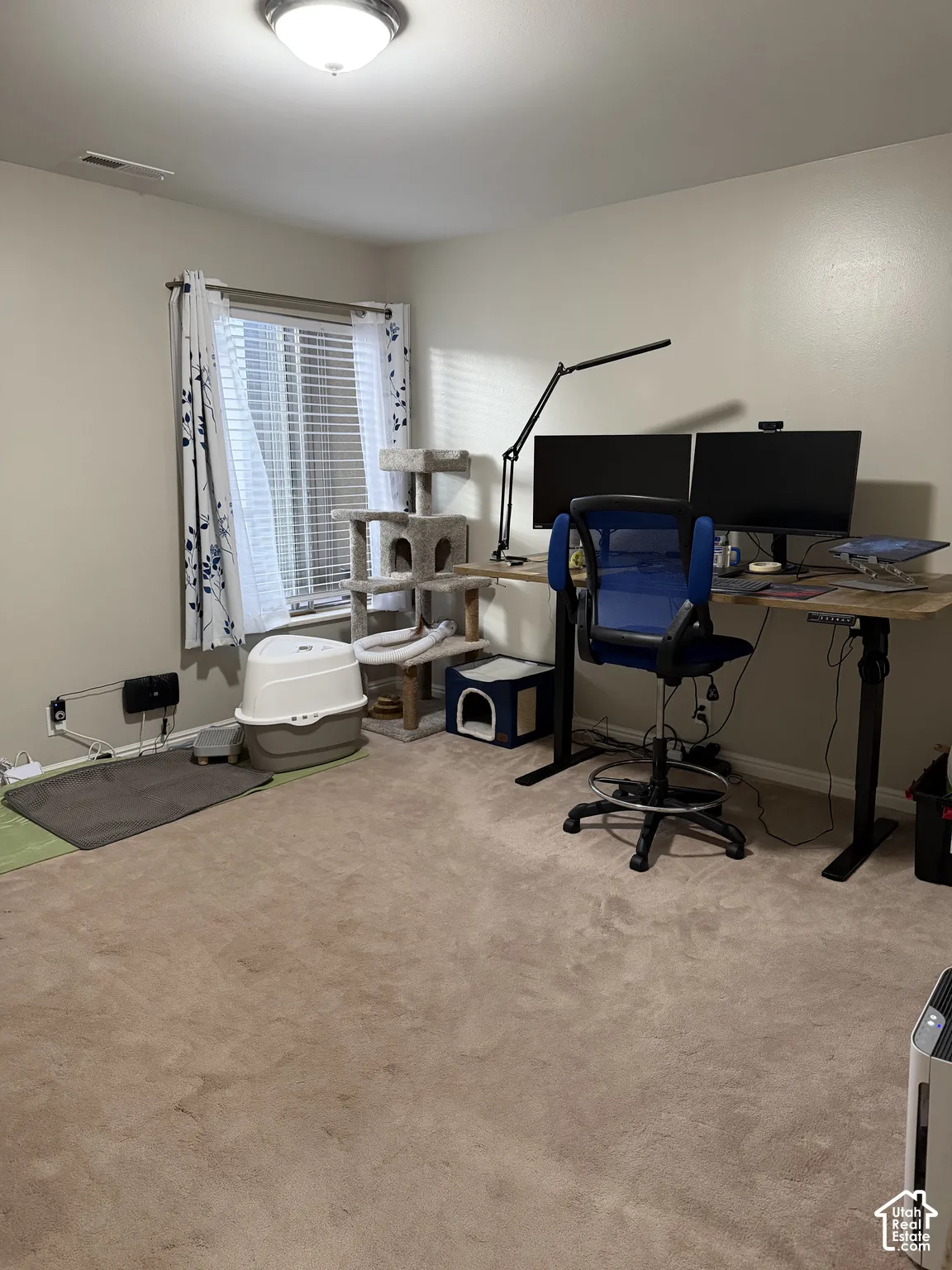 Recessed ceiling light fixture and window with blinds and sheer curtains