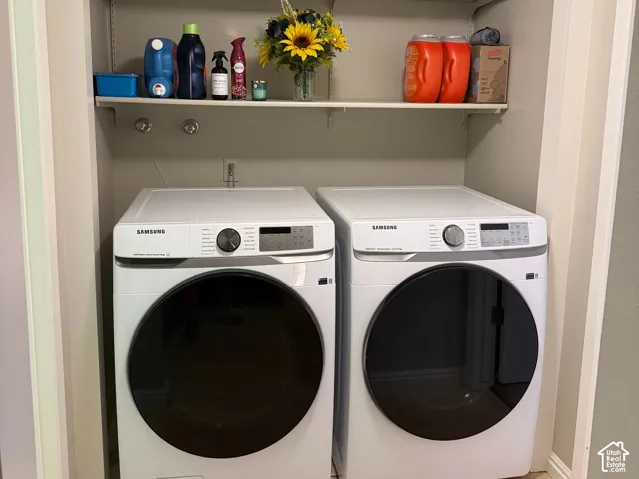 Laundry area featuring a built-in closet, two adjustable shelves, and light wood-finish flooring