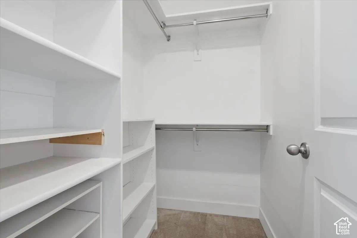 Built-in shelving units, multiple chrome hanging rods, and neutral carpeting