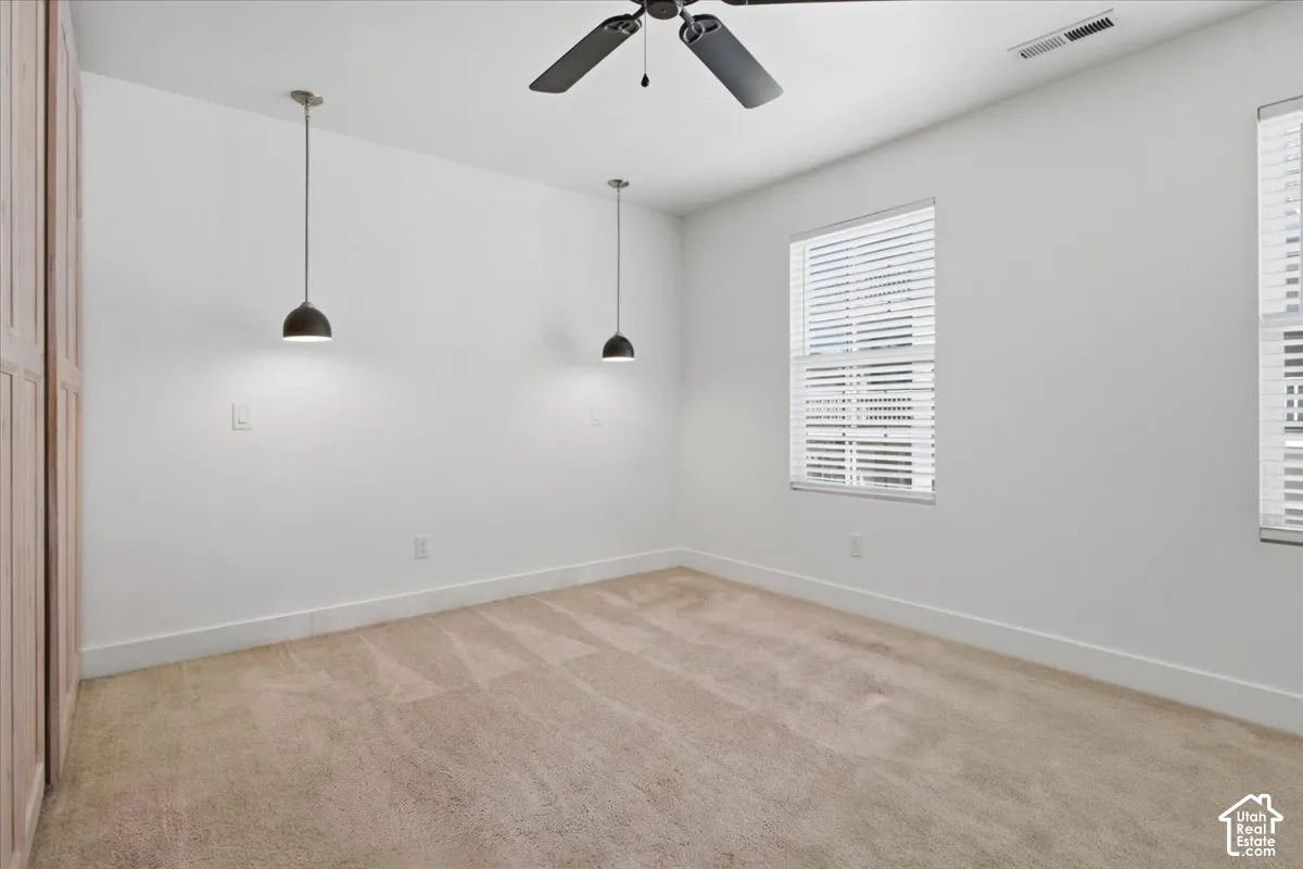 Neutral-toned carpeting, white walls, and multiple windows with blinds