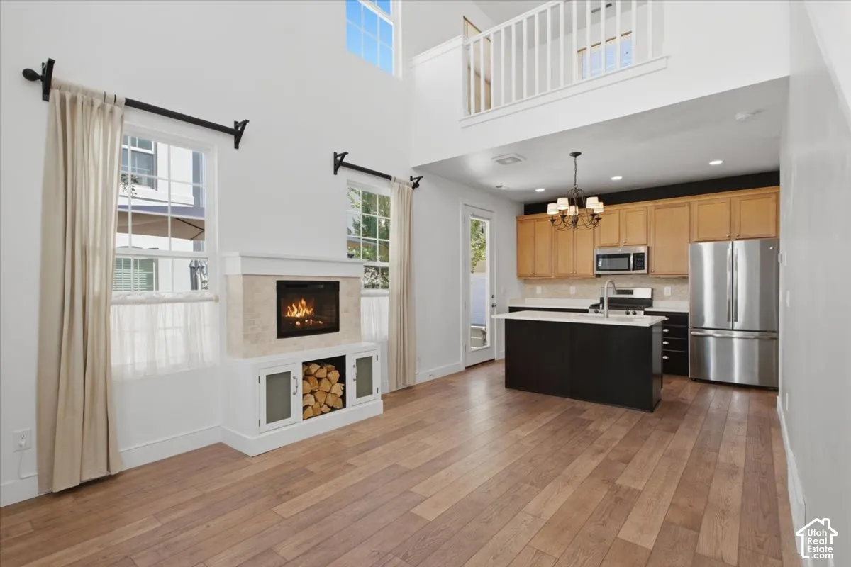 Open-concept living area with wood-finish flooring, a contemporary fireplace with storage, a kitchen island with a sink, and stainless steel appliances