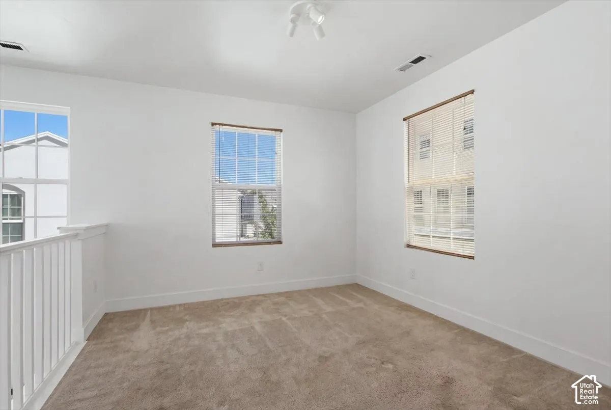 Carpeted room featuring multiple windows, track lighting, and a white railing