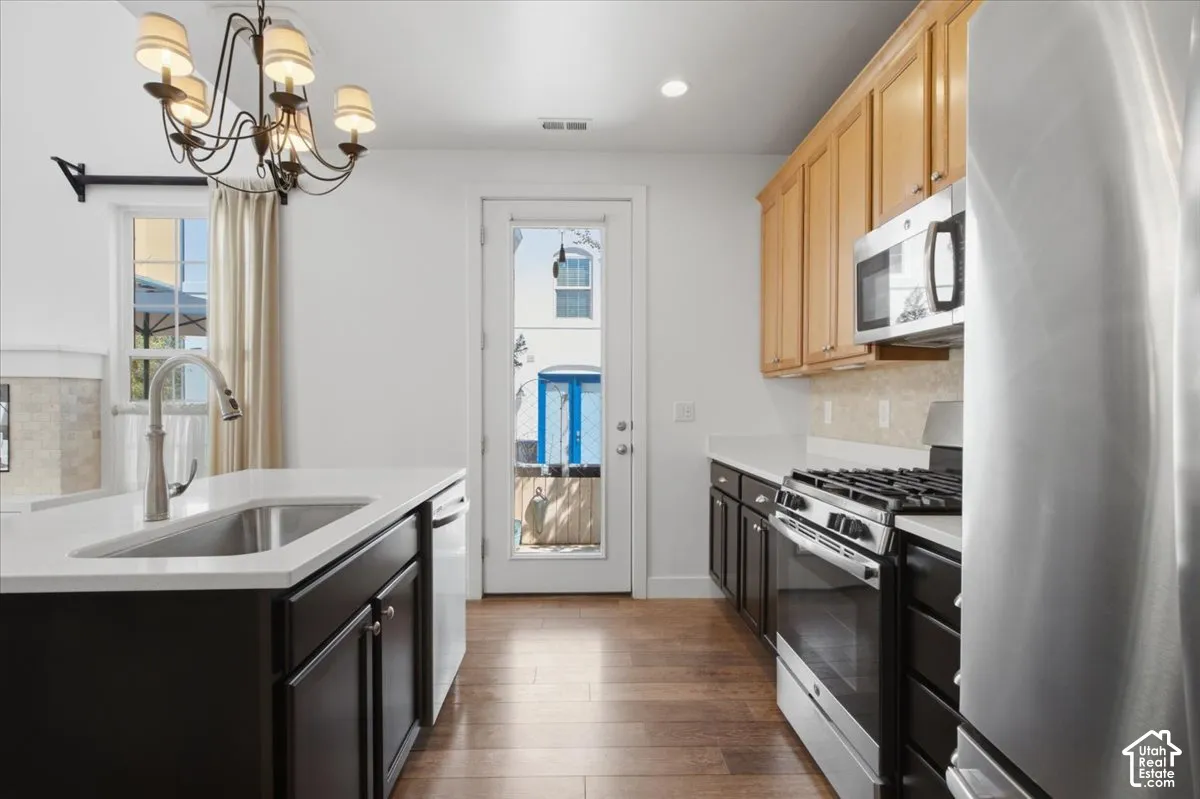 Kitchen featuring wood-finish flooring, two-tone cabinetry, stainless steel appliances, a center island with an undermount sink, and white countertops