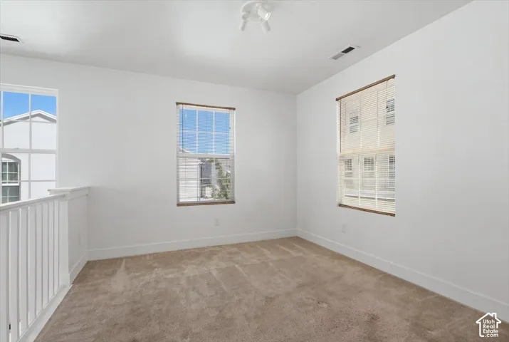 Carpeted room featuring multiple windows, track lighting, and a white railing