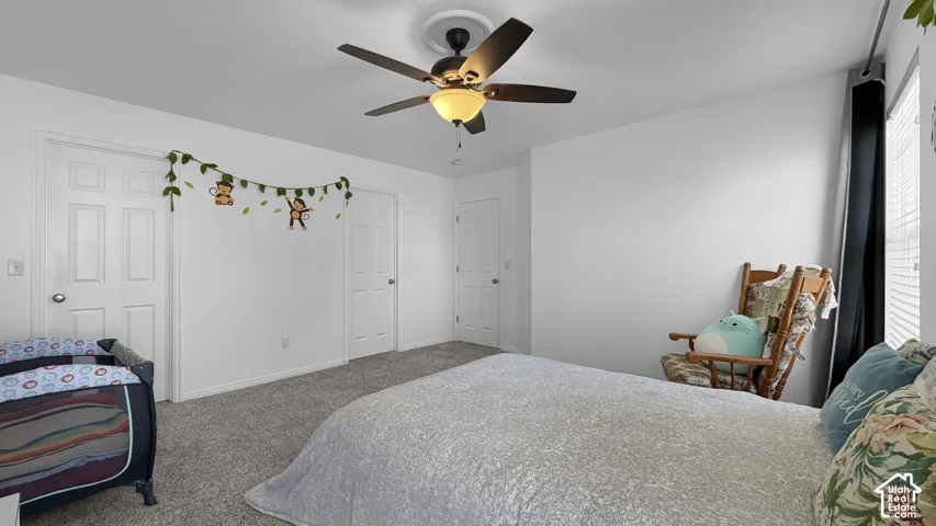 Ceiling fan with integrated lighting, window with blinds, panel doors, and grey carpeting