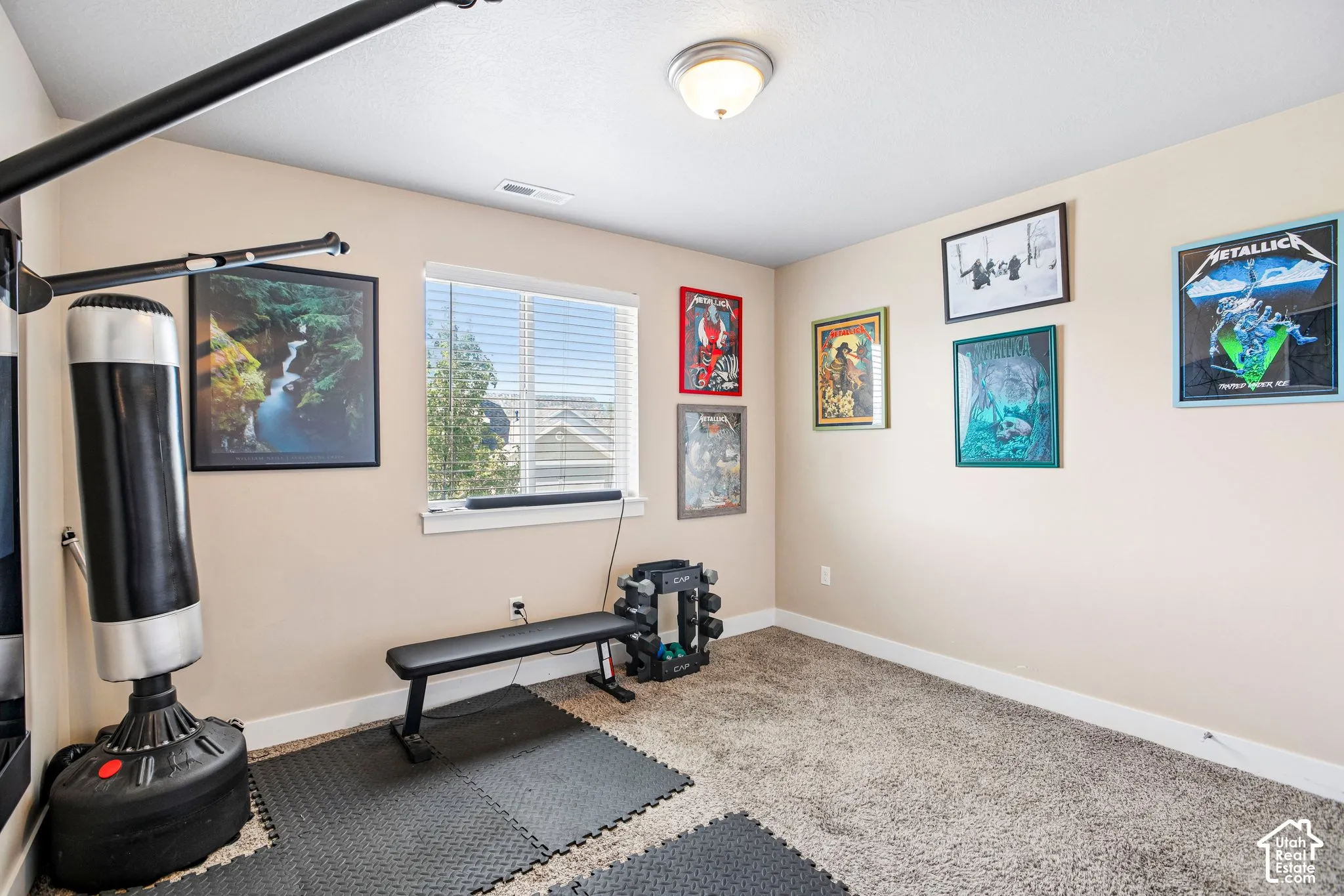 Recessed window with blinds, carpeted flooring, and a flush mount ceiling light