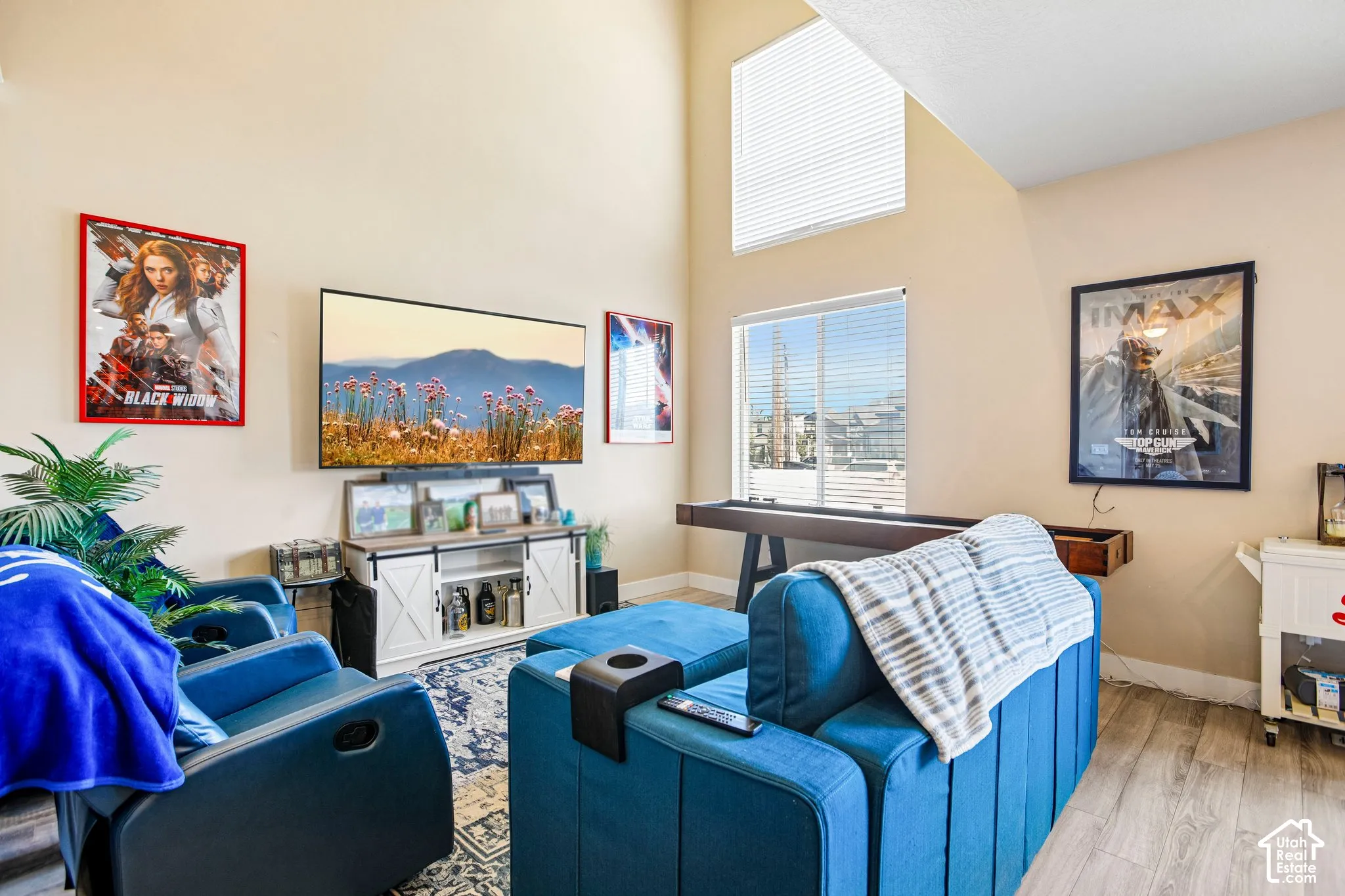 Vaulted ceiling, wood-finish flooring, multiple windows, built-in media console, ceiling-mounted television