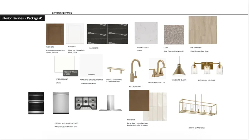 Interior Finishes - Package #1. Detailing interior finish selections for the property