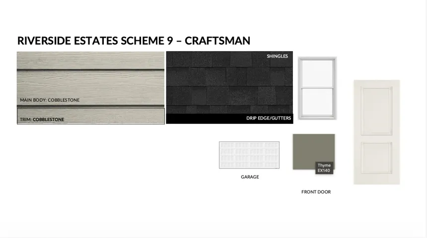 Architectural Specification Sheet. Detailing the exterior material and color selections for the property