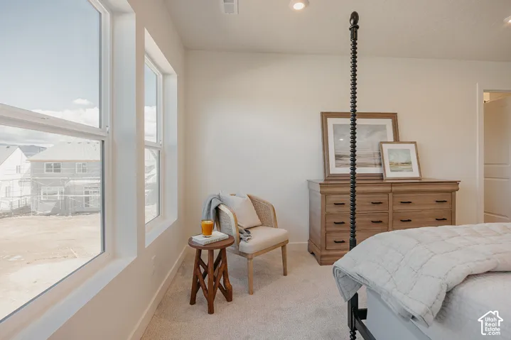 Recessed lighting, light neutral wall color, and carpeted flooring