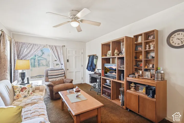 Ceiling fan with integrated light fixture, paneled door, window with natural light, built-in shelving, wood-finish flooring