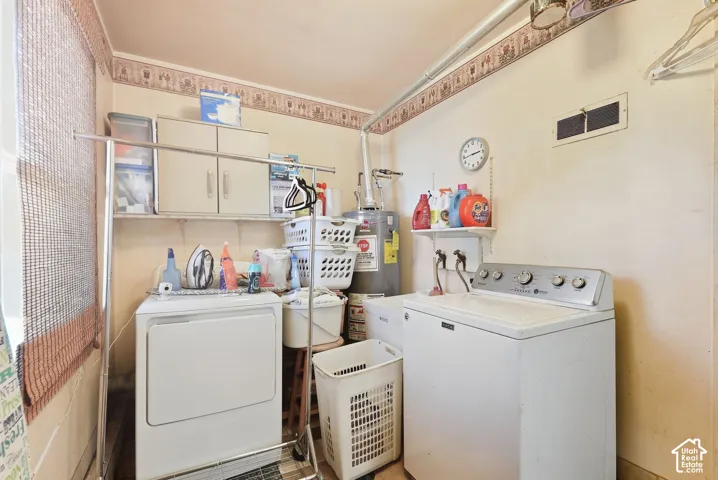 Laundry area featuring a water heater and wall-mounted cabinetry