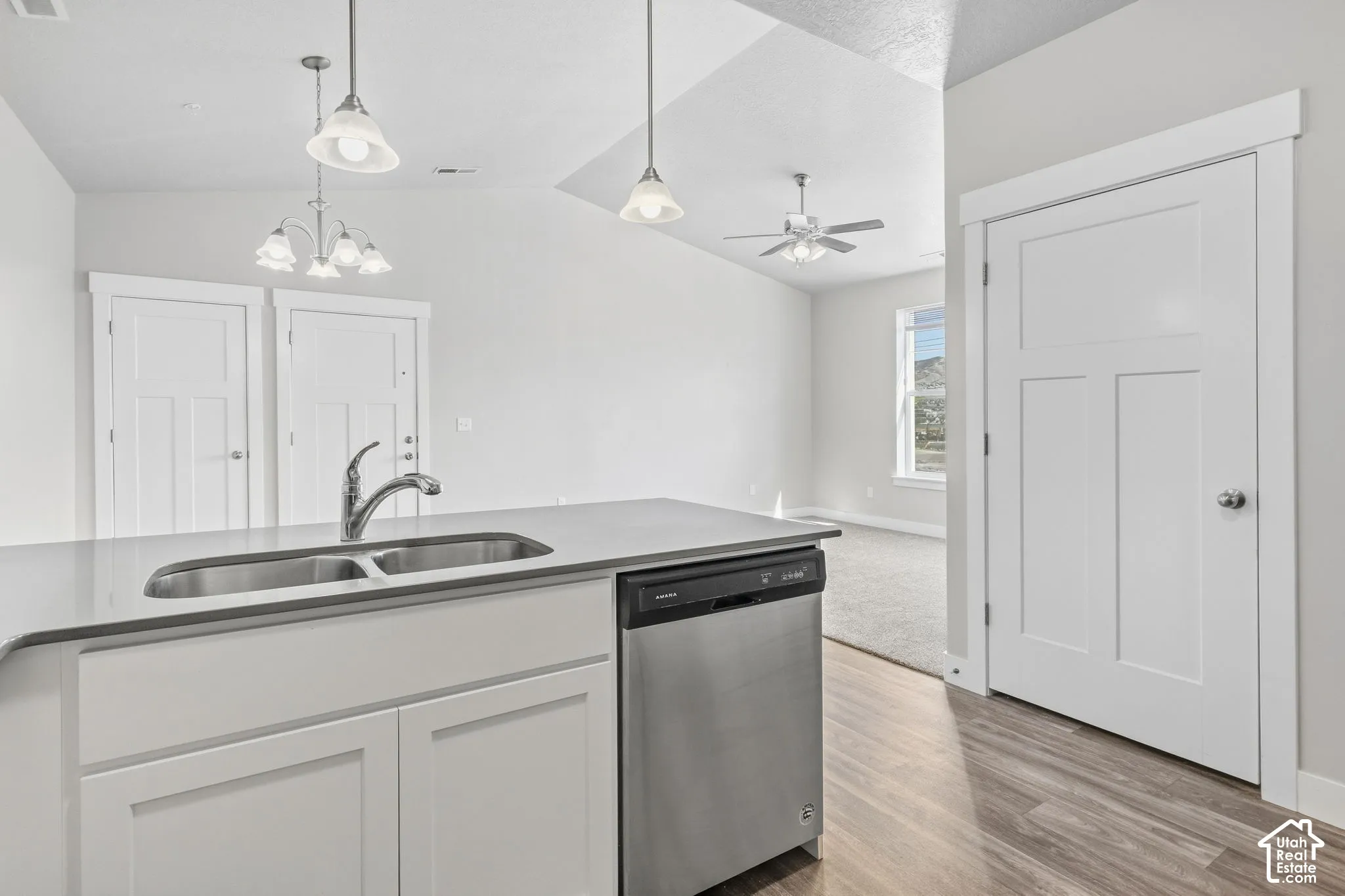 Kitchen island with dual stainless steel sink, stainless steel dishwasher, and light-toned countertops