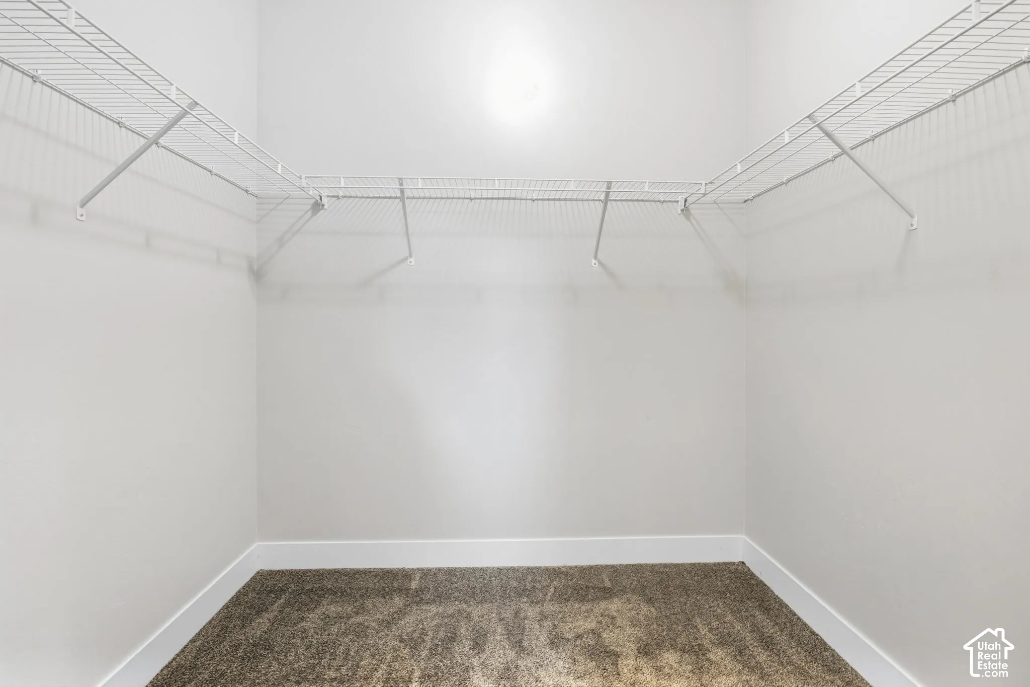 Corner closet featuring white wire shelving and carpeting