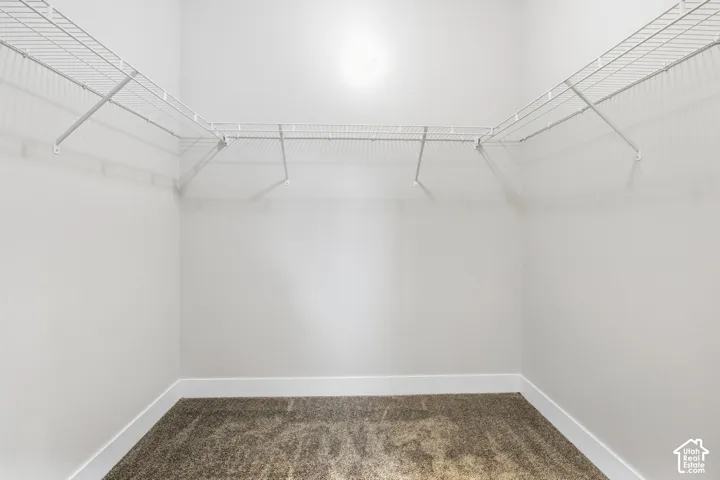 Corner closet featuring white wire shelving and carpeting