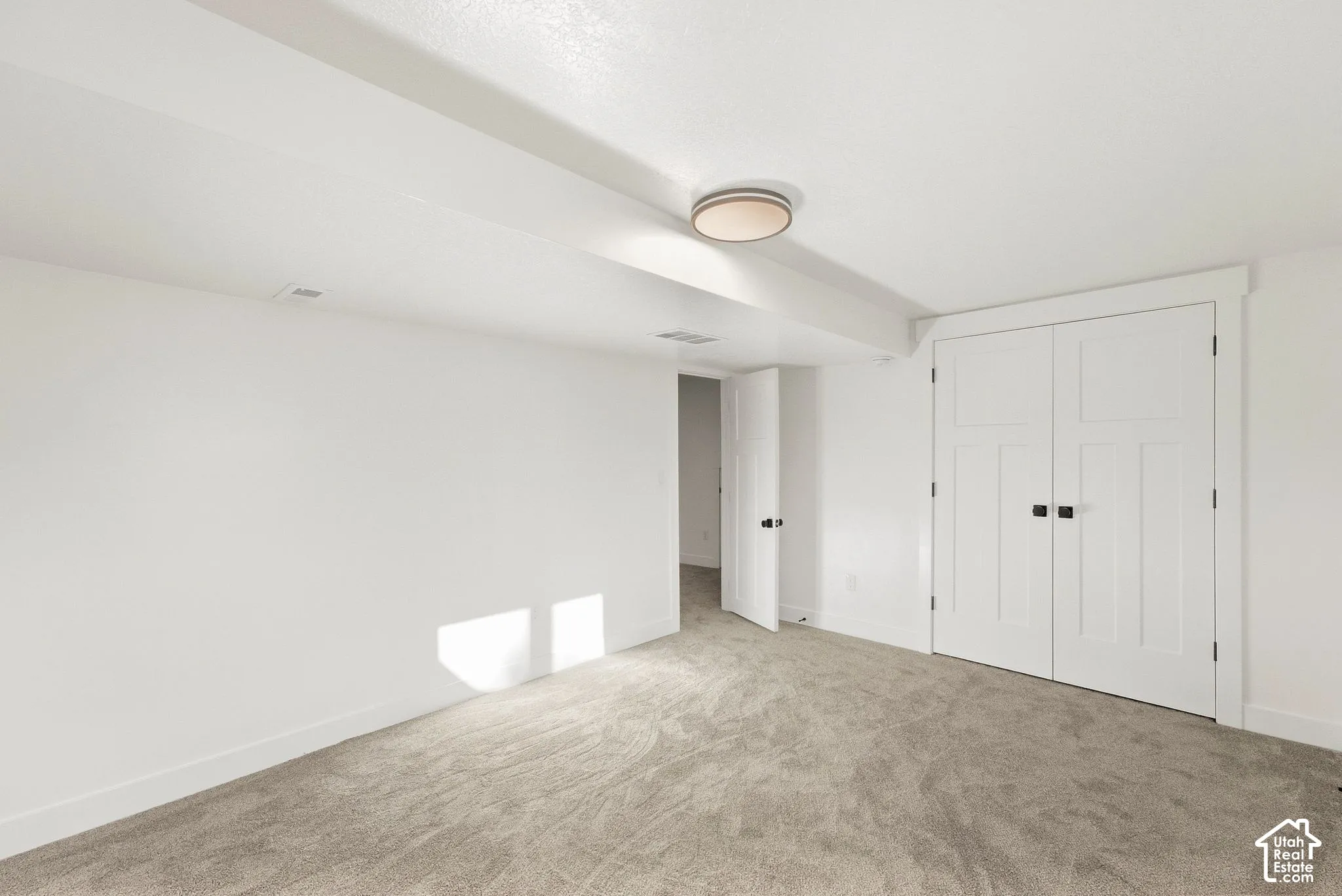 Light gray carpeting, a flush-mount ceiling light, white paneled doors with black hardware, and white walls