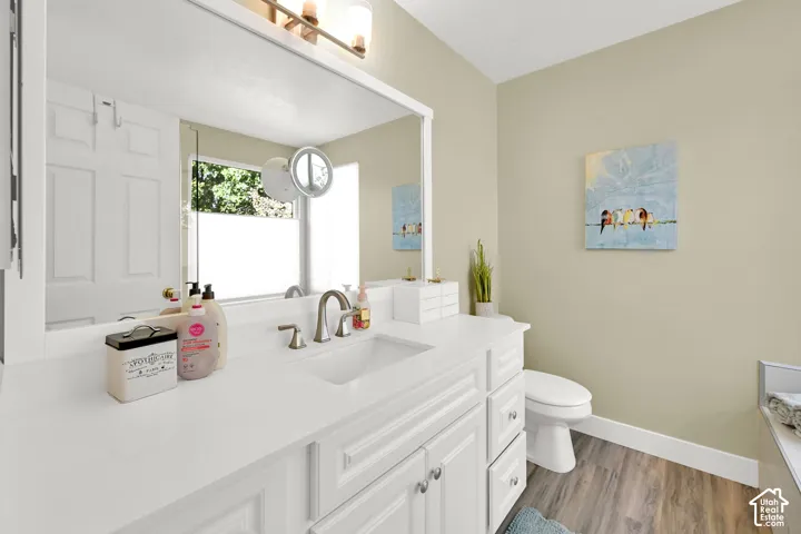Vanity with an integrated sink, white cabinetry with silver-tone hardware, wood-finish flooring, and a window with privacy screening