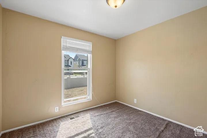Carpeted flooring with light neutral walls, a window with horizontal blinds, and a ceiling-mounted light fixture