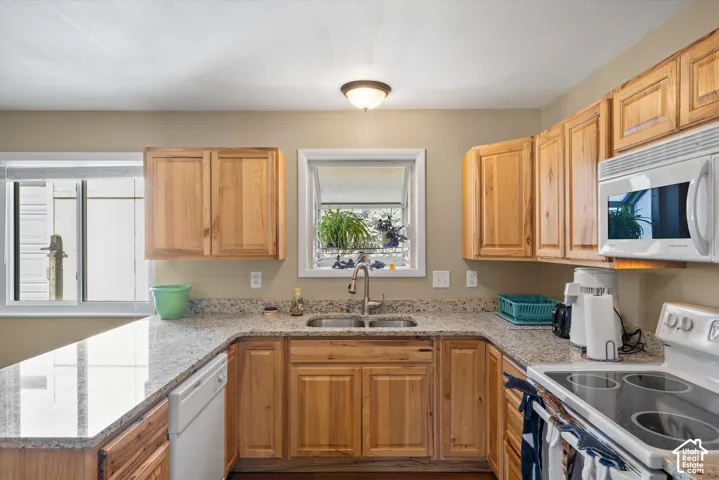 Kitchen featuring wood cabinetry, light-toned countertops, a stainless steel sink with a gooseneck faucet, a built-in microwave, and a white dishwasher