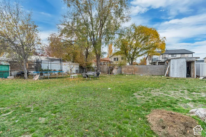 Expansive grass lawn with mature trees and a utility shed