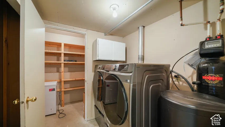 Dedicated utility area with built-in storage shelving and upper cabinetry