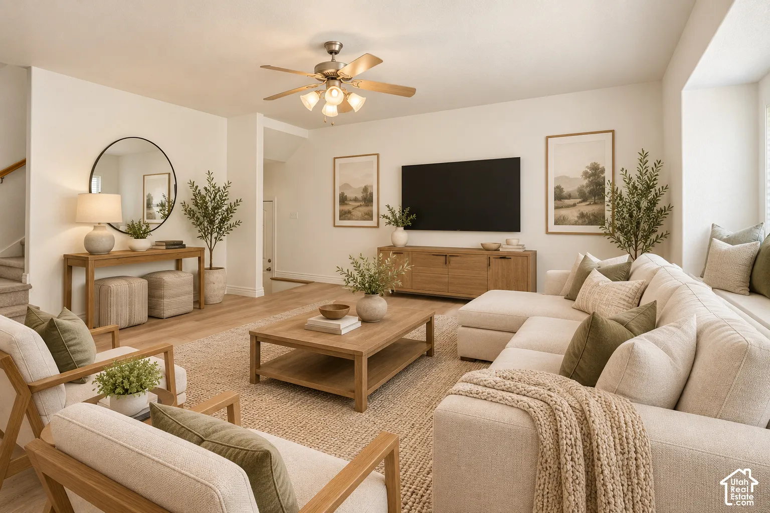 Spacious living area featuring wood-finish flooring, a ceiling fan with integrated lighting, and a built-in window seat VIRTUALLY STAGED