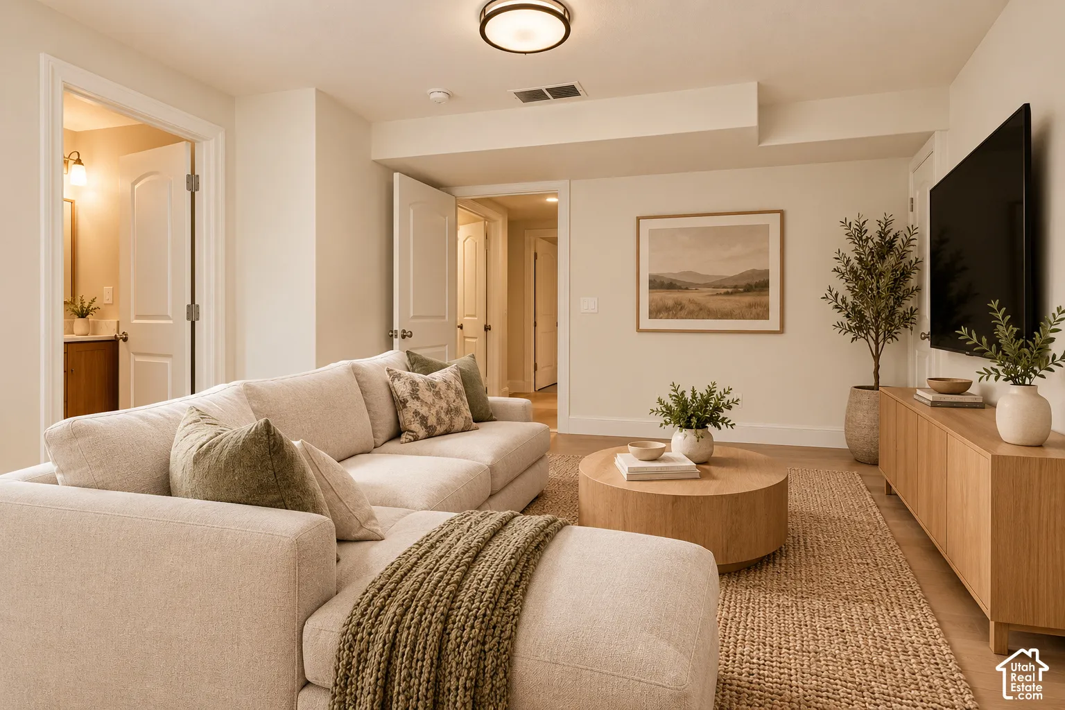 Recessed ceiling with a flush-mount light fixture- VIRTUALLY STAGED