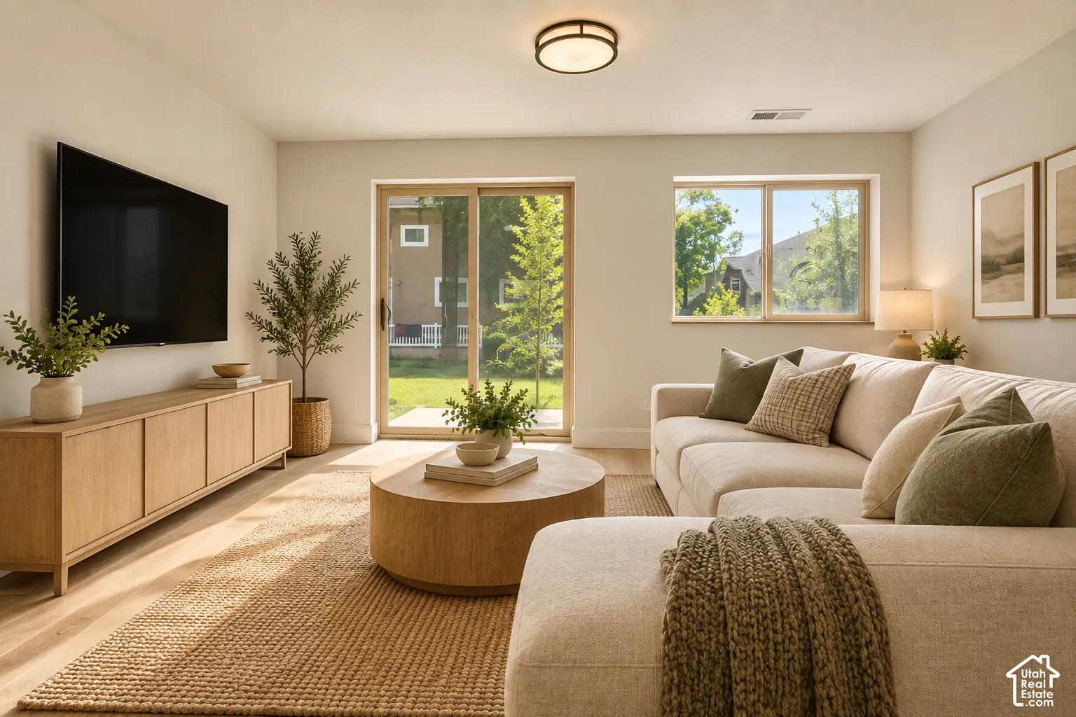 Wood-finish flooring with light-toned walls, recessed ceiling lighting, and a sliding glass door- VIRTUALLY STAGED
