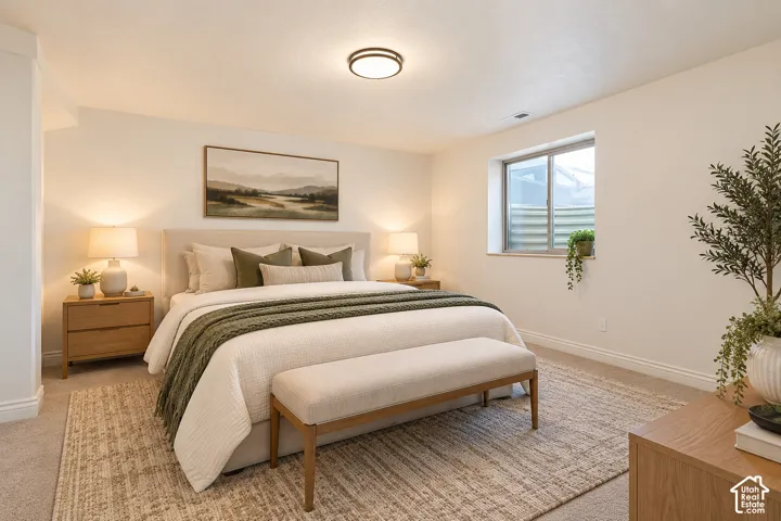 Wall-to-wall carpeting and a large window with a metal window well- VIRTUALLY STAGED