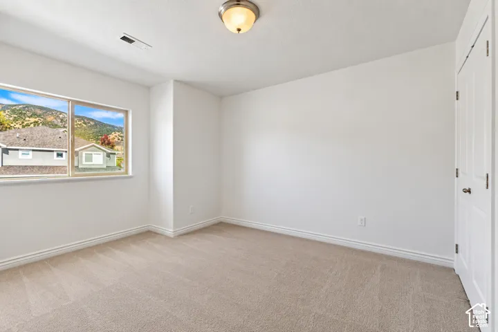 Neutral tone wall paint, light-toned carpet flooring, white trim, and a ceiling-mounted light fixture
